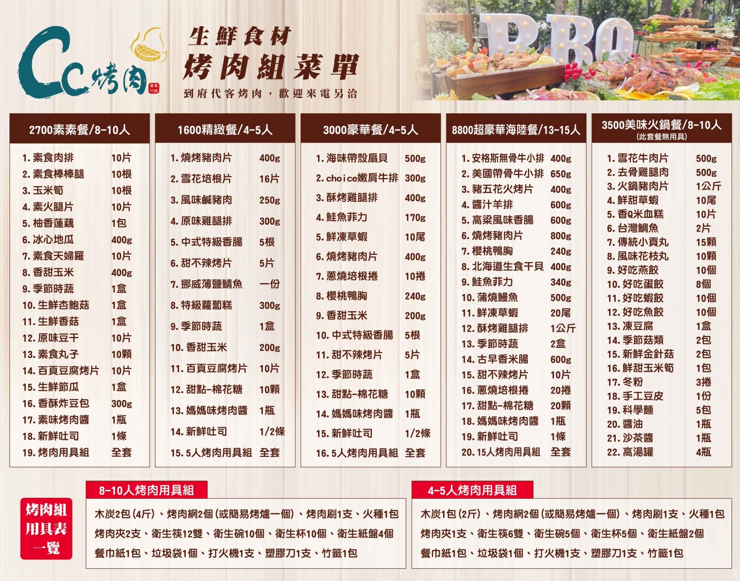 烤肉組菜單