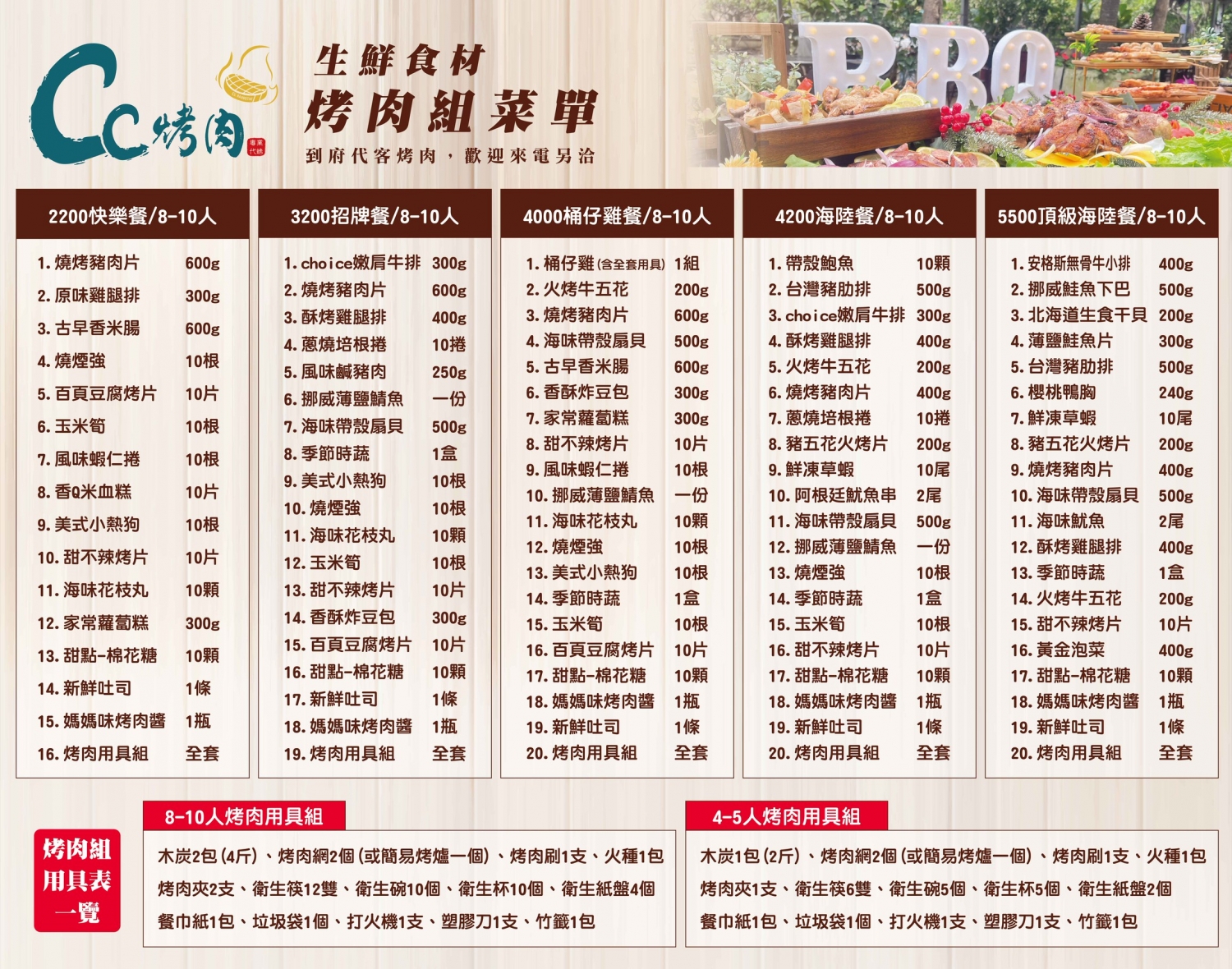 烤肉組菜單